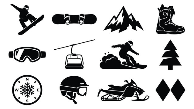 Black and white icons for winter sports and activities including snowboarding skiing snowmobiling and mountain climbing symbolizing adventure and recreation