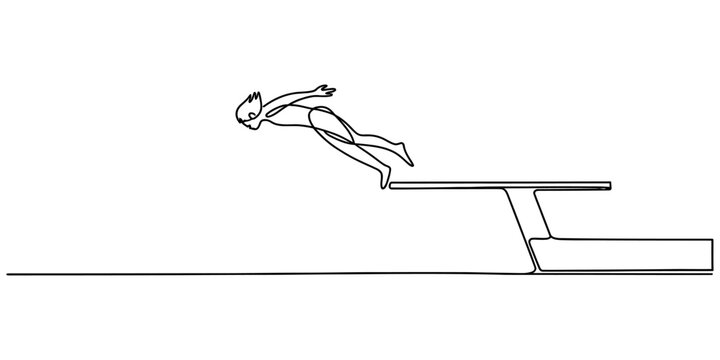 Continuous single line drawing of a swimmer jumping off a diving board into the water for a competitive swimming event or summer sport concept art