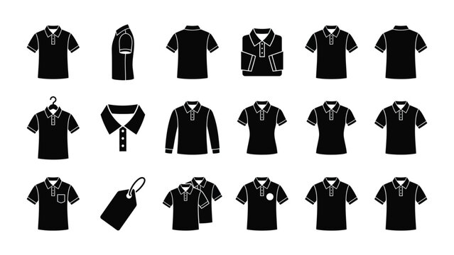 Collection of various black shirts and tops on white background for fashion design and retail concepts