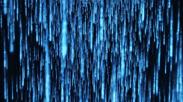 Abstract Blue Digital Rain with Vertical Light Strands in Futuristic Motion.