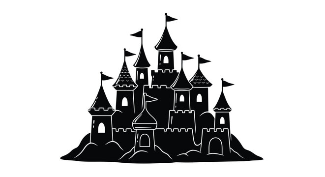A large castle with many towers and flags on top