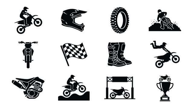 Motorcycle racing icons set with rider bike helmet tire flag boots and trophy symbols
