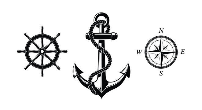 A nautical symbol with an anchor and steering wheel
