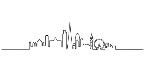 London city skyline silhouette drawn with a single continuous black line showing famous landmarks and buildings in a simple minimalist art style © Creative_Outline2019