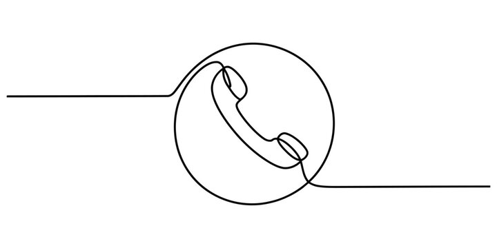 Continuous single line drawing of a telephone handset inside a circle representing a communication icon for business support and contact information