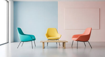 Fototapeta premium Modern Minimalist Waiting Area with Pastel Teal, Yellow, and Coral Molded Plastic Chairs
