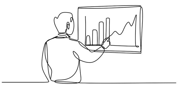 Continuous single line drawing of a businessman pointing at a growing financial business chart on a board during a meeting presentation in the office