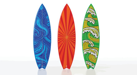 Three colorful surfboards standing upright side by side © MohammadMasud