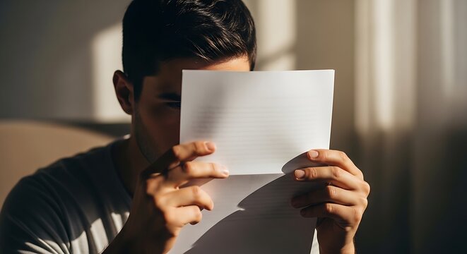 Man holding and tearing paper with frustrated expression in indoor setting with sunlight and shadows