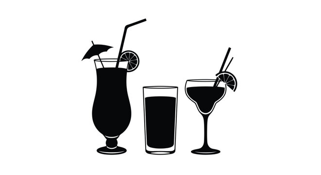 Three glasses of dark cocktails with straws and fruit