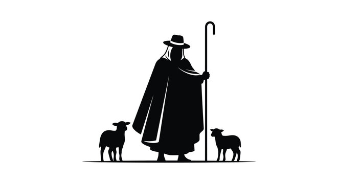 shepherd with two sheep holding a staff silhouette high quality professional detailed modern elegant stylish clean crisp vibrant colorful digital creative