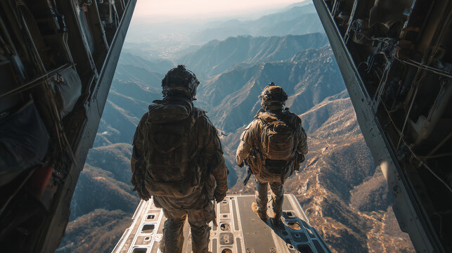 Two paratroopers prepare to jump from an aircraft during a dramatic daytime military mission