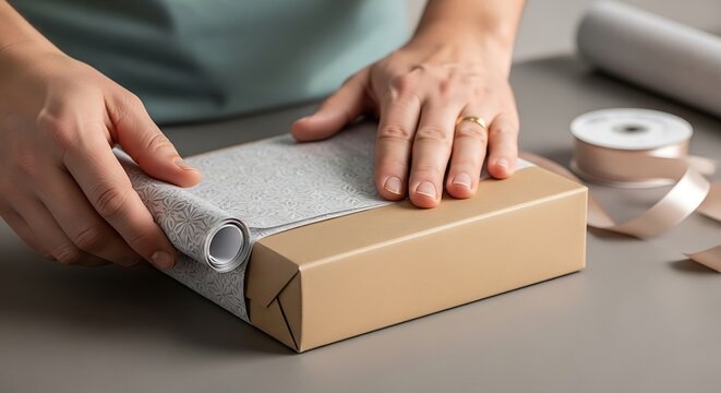 Parcel shipping box with label wrap being sealed by hands, logistics delivery preparation for ecommerce fulfillment and fast dispatch