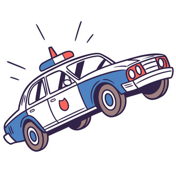 Police car jumping with sirens on white backdrop.