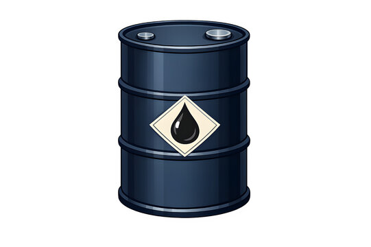 Industrial dark blue oil barrel with drop symbol isolated on black background, vector style illustration.