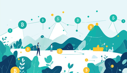 Naklejka premium Cryptocurrency Finance Network Flat Vector Illustration with Mountain Landscape Coins and Connected Nodes