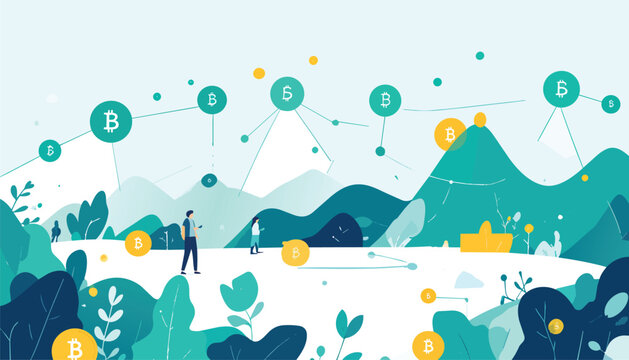 Cryptocurrency Finance Network Flat Vector Illustration with Mountain Landscape Coins and Connected Nodes