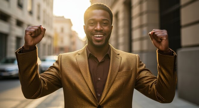 Happy man in gold jacket celebrating with raised fists in the city for success storytelling, financial services marketing and career achievement concepts