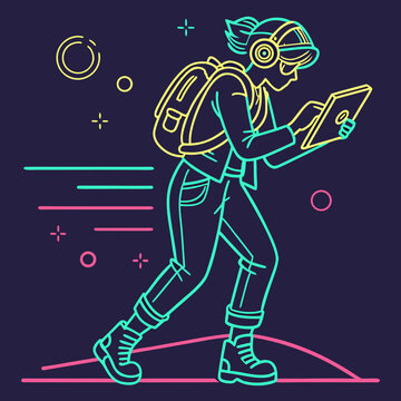 Minimalist neon line girl using tablet on trail.