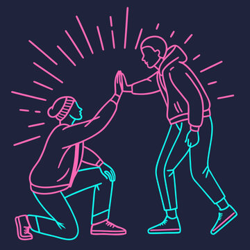 Supportive gesture friend helping another kneeling.