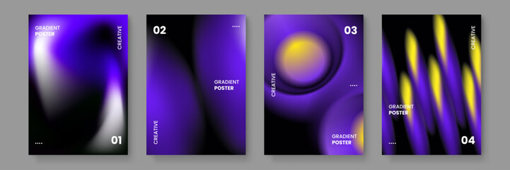 Creative dark posters featuring purple fluid backgrounds with glowing yellow orbit spheres and dynamic light streaks © Badr Warrior