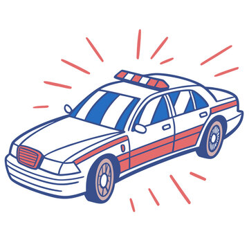 Police car with red and blue lights on a white background.