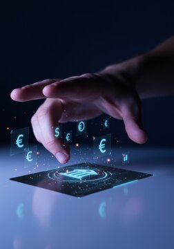 Human hand interacting with a digital banking interface featuring currency icons for fintech app marketing, online mobile payment services and innovative secure finance