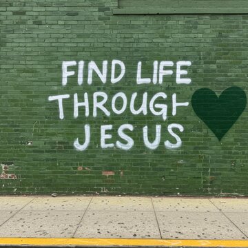 Green brick wall featuring spray painted religious graffiti text for urban ministry, christian church outreach and street art storytelling with a painted heart