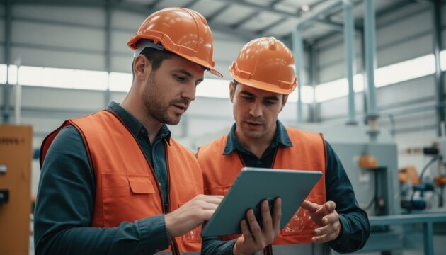Two engineers in safety vests reviewing data on a digital tablet at an industrial worksite for technology brochures, workforce solutions and manufacturing advertising