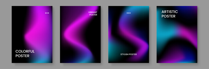 Plakat Set of professional vertical posters featuring dark backgrounds with glowing purple and cyan fluid wave shapes in a sleek aesthetic