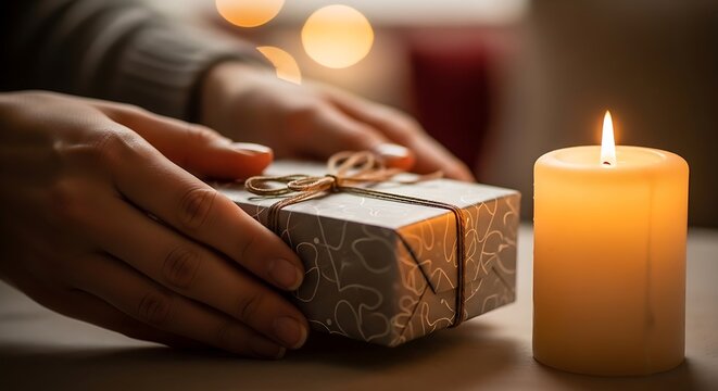 Gift box with festive ribbon and glowing candle, conveying warmth and thoughtfulness for celebrations, holidays, and special occasions.