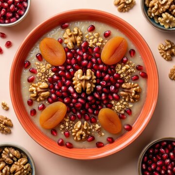 Traditional Turkish Ashura pudding in an orange bowl topped with pomegranate seeds and walnuts for food editorial, holiday recipe feature and healthy dessert styling