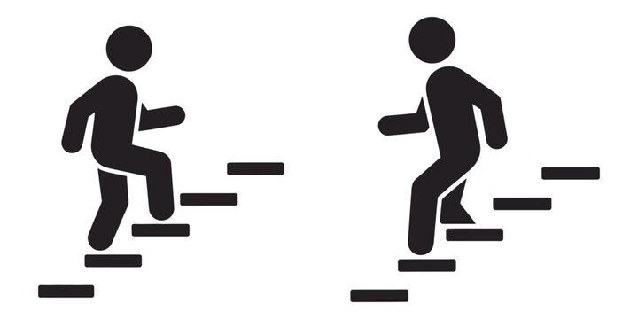 Man walking stairs icon set, directional steps vector, progress symbols, ascending descending staircase, human figure movement, UI navigation icons, infographic illustration