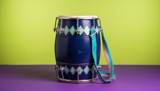 Navy blue dhol drum with ornamental pattern standing on a purple surface for Indian festival promotion, cultural music editorial and rhythmic event advertising