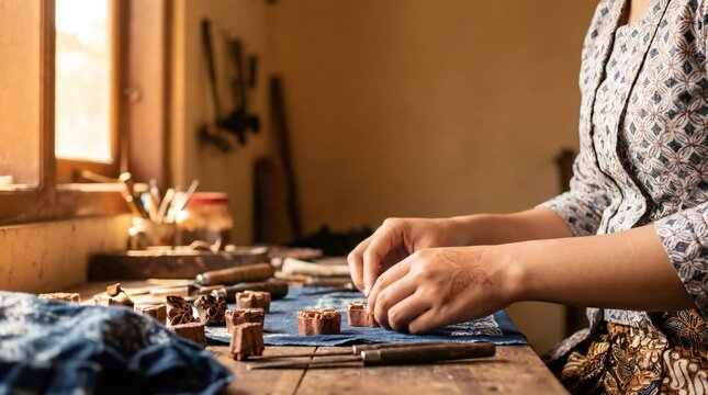 Skilled artisan stamping indigo patterns on ethnic fabric for traditional batik textile industry