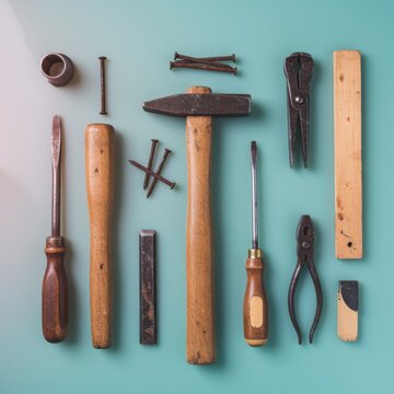 Vintage hand tools and rusty nails arranged on a light teal surface for Fathers Day greeting cards, carpentry workshop promotions and nostalgic hardware store branding