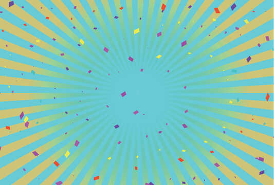 Bright Cyan Sunburst Background With Colorful Falling Confetti