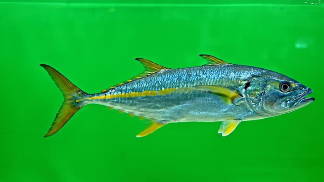 Side View Giant Trevally Fish Swimming Smoothly on Flat Green Screen Background