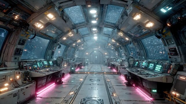 Abstract space station interior with pulsating neon panels, holographic consoles, floating AI nodes, and swirling energy conduits forming a high-tech futuristic visualization