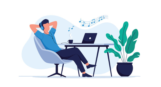 Relaxed man sitting at his home office desk listening to music with headphones while taking a break from working on his laptop.