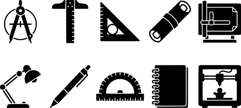 This comprehensive collection showcases essential drafting, architecture, and engineering tools and equipment as clean graphic icons for various creative and professional applications. 