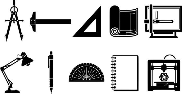 This comprehensive collection showcases essential drafting, architecture, and engineering tools and equipment as clean graphic icons for various creative and professional applications. 