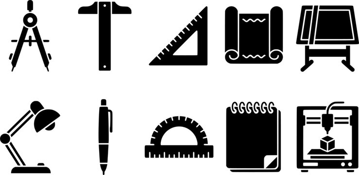 This comprehensive collection showcases essential drafting, architecture, and engineering tools and equipment as clean graphic icons for various creative and professional applications. 