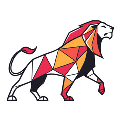 Obraz premium Lion geometric design walking forward red and orange colors.