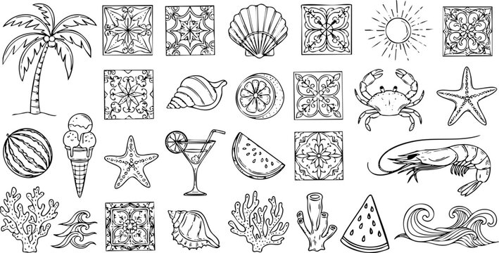 Hand-drawn illustration vector set of summer beach vacation elements, including palm trees and ocean life.