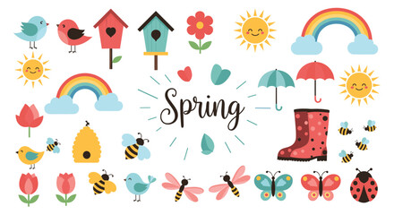 Naklejka premium Comprehensive collection of cute spring-themed elements like colorful birds, birdhouses, busy bees, flowers, and bright rainbows.
