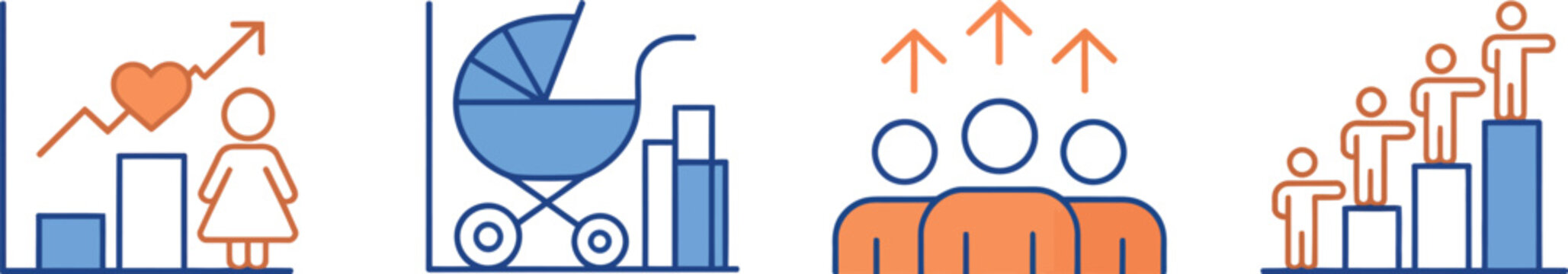 Birth rate, population growth icons, demography rise, set outline editable icons, clean minimal line style collection representing statistics, human population increase, census data visualization, 