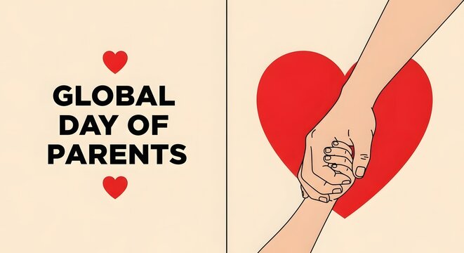 Global day of parents concept with adult and child hands holding in a heart shape, love and family bond