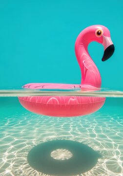Inflatable pink flamingo pool float floating on turquoise water surface with split underwater view for summer lifestyle branding, travel advertising and pool party promotion