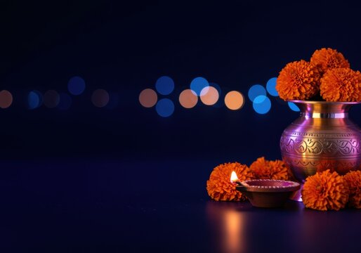 Deep blue festive background with ceremonial brass kalash and marigold flowers for traditional holiday celebration, religious greeting card and cultural brand campaign